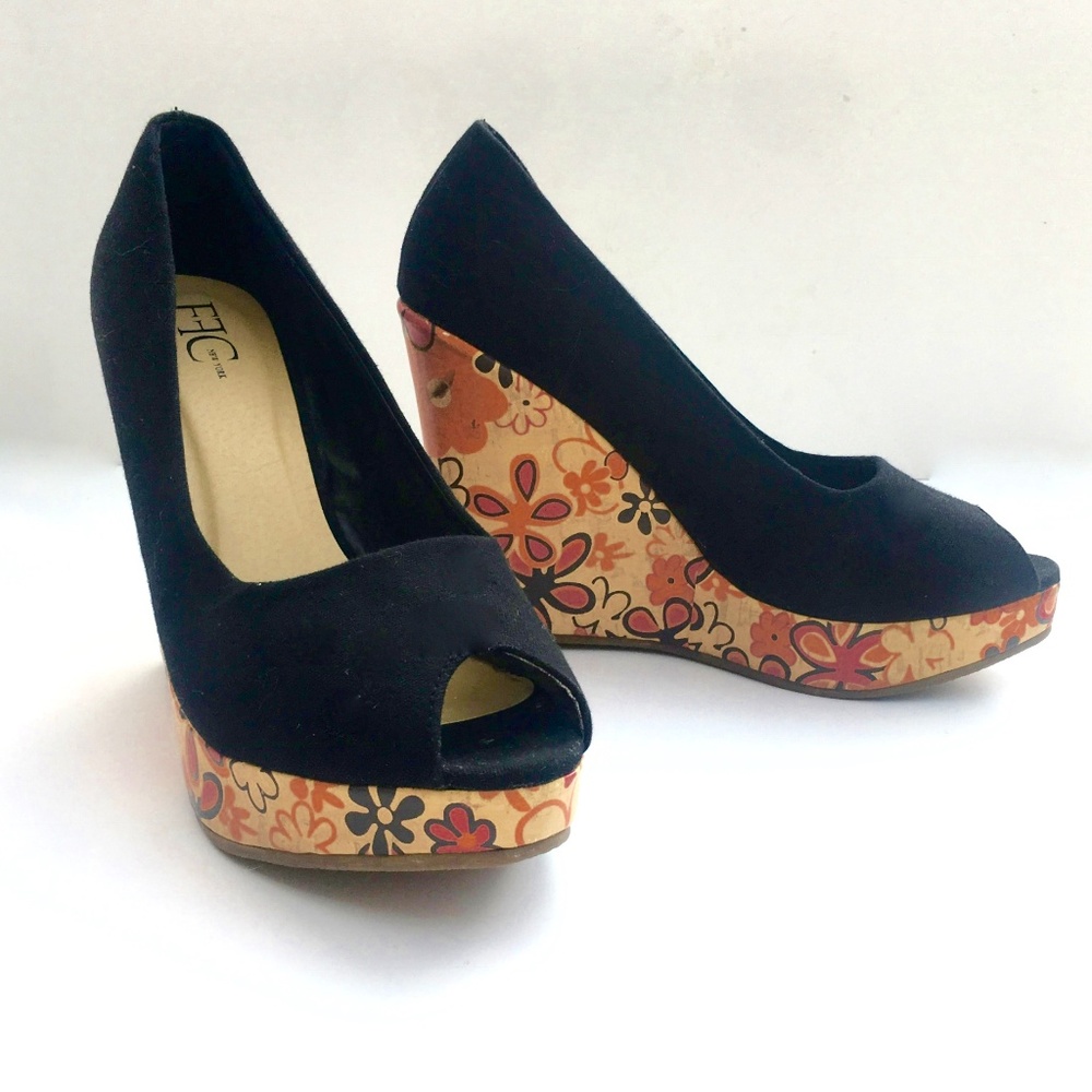 Black Canvas & Flowered Cork Platform Wedges